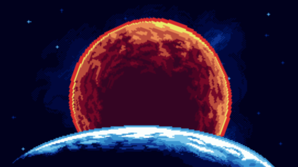 pixel art scene of two planets